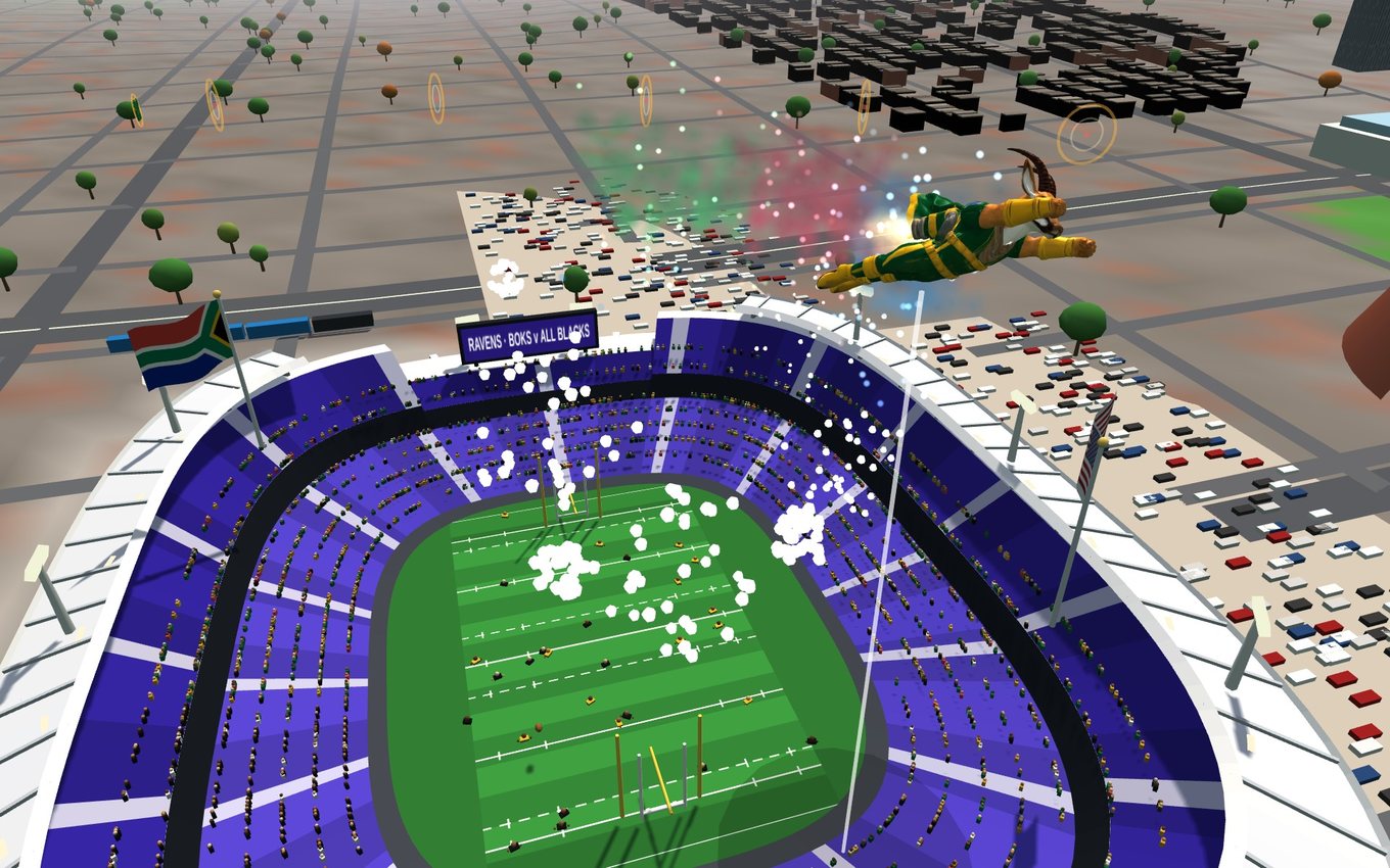 A caped Springbok in green and gold, jetpacks lit, clearing the roof of a packed M&T Bank Stadium as the pyro goes up.