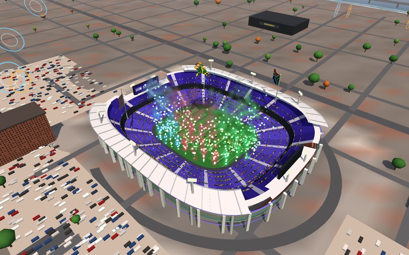 Overhead view of the modelled M&T Bank Stadium showing the purple seating bowl, notched roof arcs and floodlight masts.