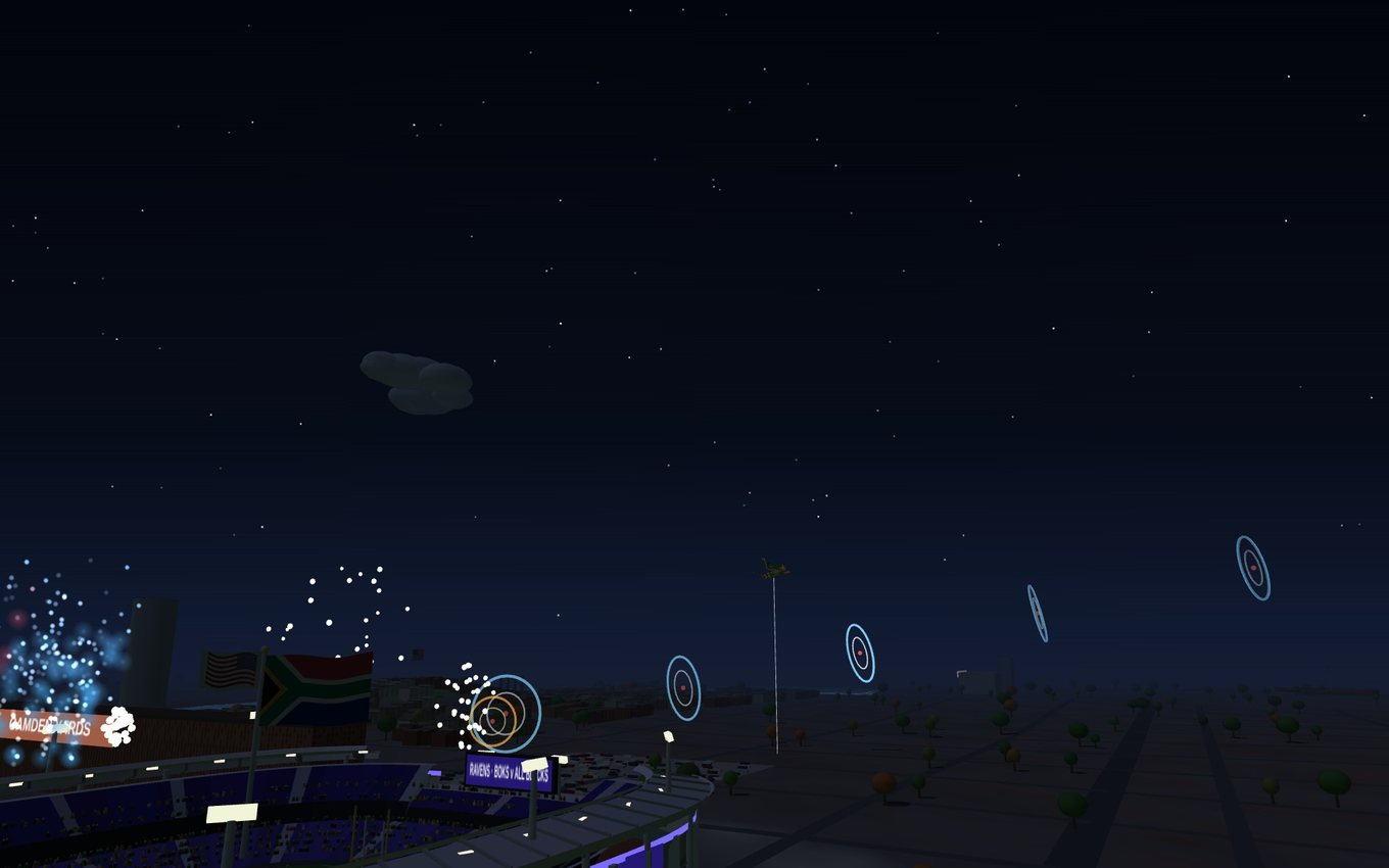Baltimore and the stadium at night under a full star field, the Springbok crossing above the floodlights.