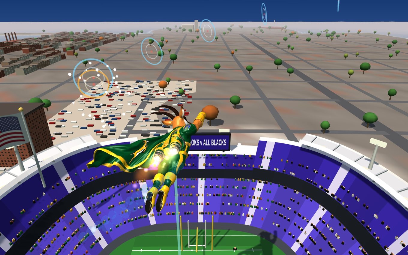 The Springbok passing just above the stadium roofline at the lowest point of the circuit.
