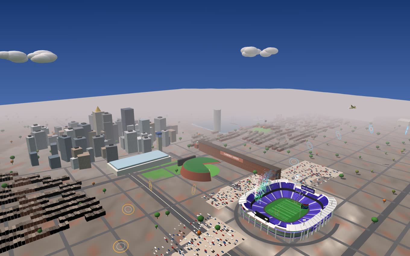 Wide view of the modelled Baltimore waterfront, the Inner Harbor and downtown towers with the stadium below.