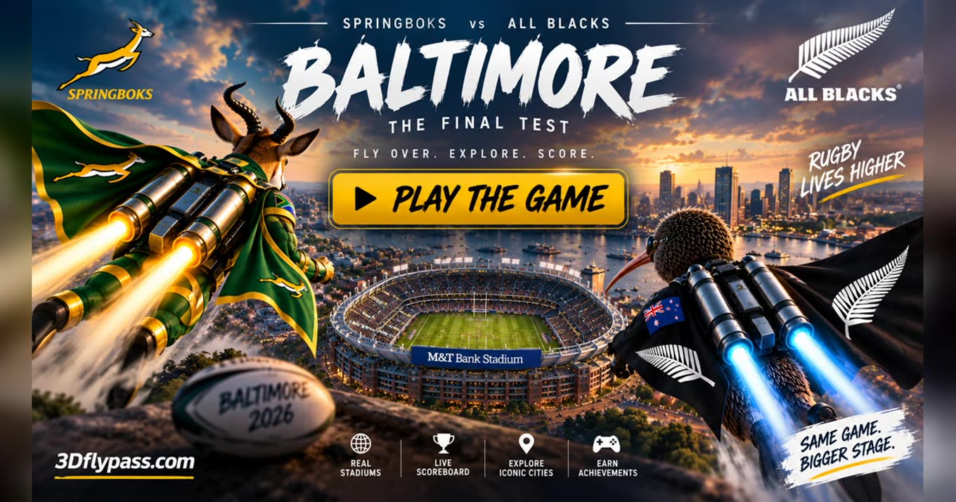 The share card art: the Springbok and the Kiwi flying jetpacks over M&T Bank Stadium at dusk, headed Baltimore &mdash; The Final Test.