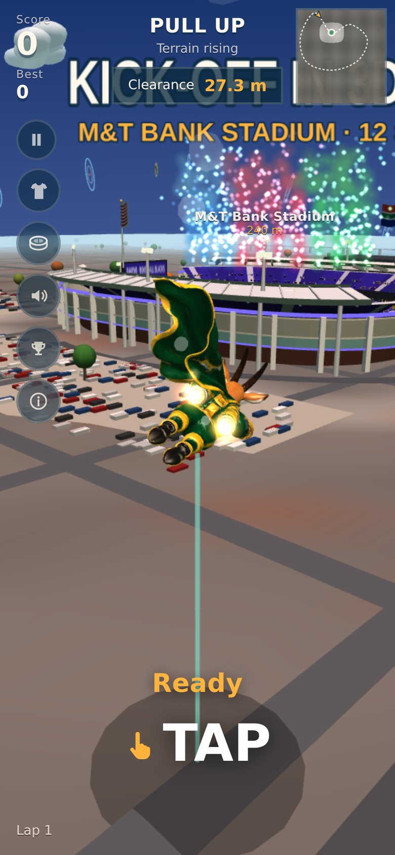 The Springbok on the approach to M&T Bank Stadium with the words Ready and TAP on screen, a finger icon beside them.