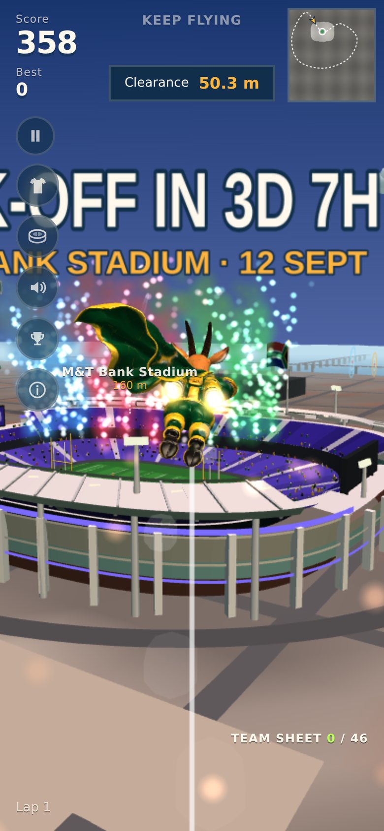 The Springbok crossing the purple bowl of M&T Bank Stadium with fireworks going up and the clearance readout showing 49.9 m.
