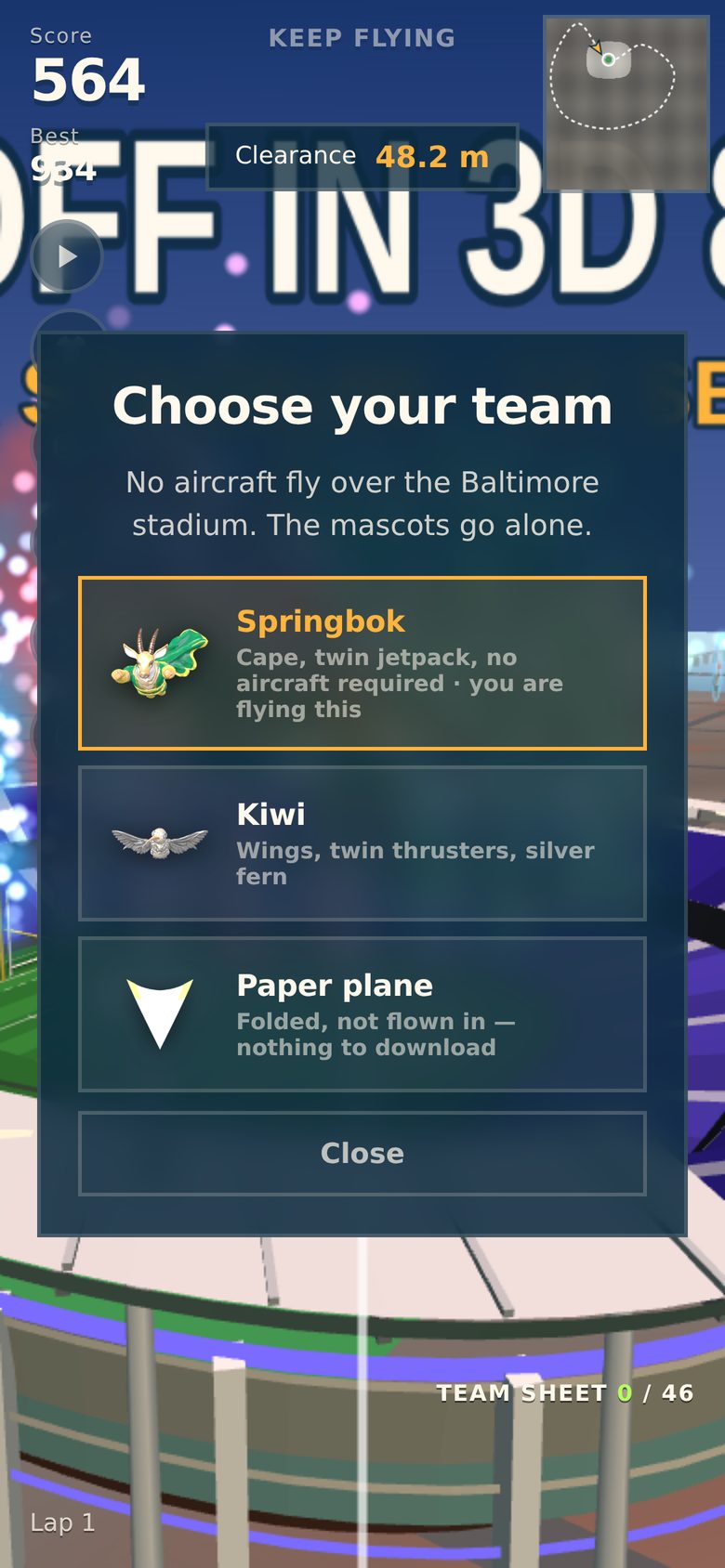 The Choose your team panel listing the Springbok, the Kiwi and the paper plane, each with a small picture of the flyer.