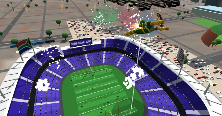 The Springbok and the Kiwi flying jetpacks over M&T Bank Stadium at dusk — 3D Fly Pass, Baltimore