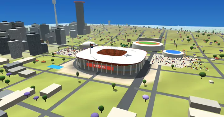 A jet flying low over the red roof of Ellis Park — 3D Fly Pass, Johannesburg