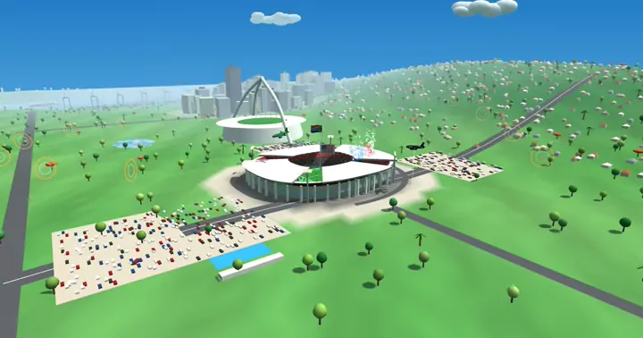 A jet flying low over Kings Park, the Moses Mabhida arch behind — 3D Fly Pass, Durban