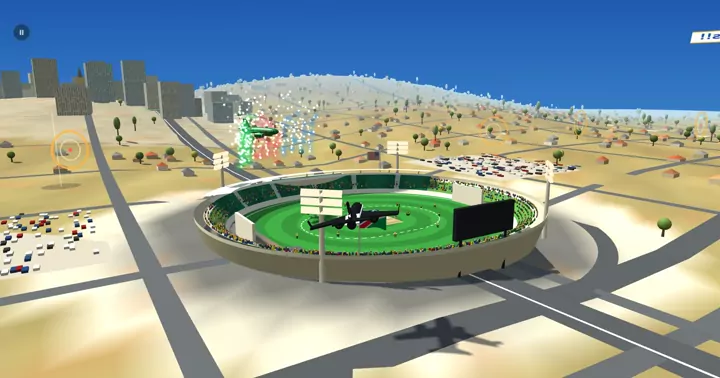 A jet flying low over the Namibia Cricket Ground, Windhoek and the Auas Mountains behind — 3D Fly Pass